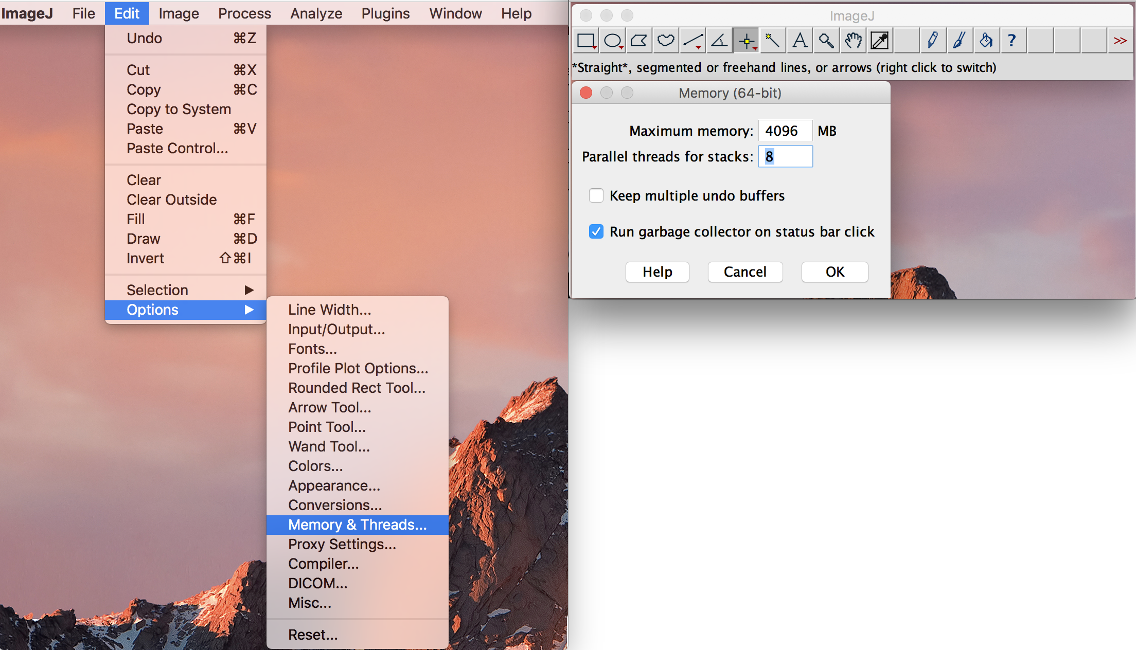 captura de men\xFA de ImagePlot para modificar la memoria RAM y el n\xFAmero de CPU